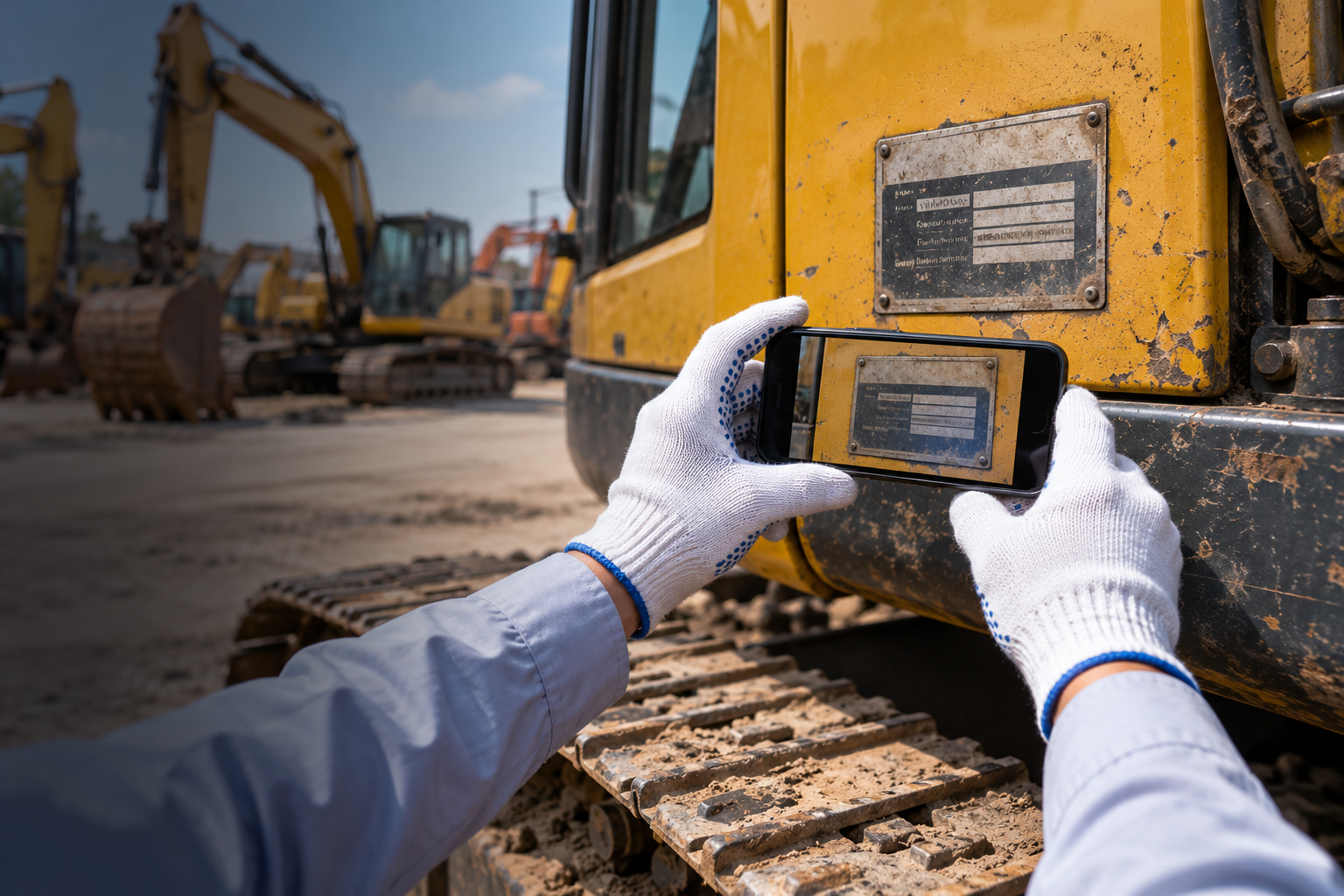 Illustration of an inspector photographing an excavator identification nameplate