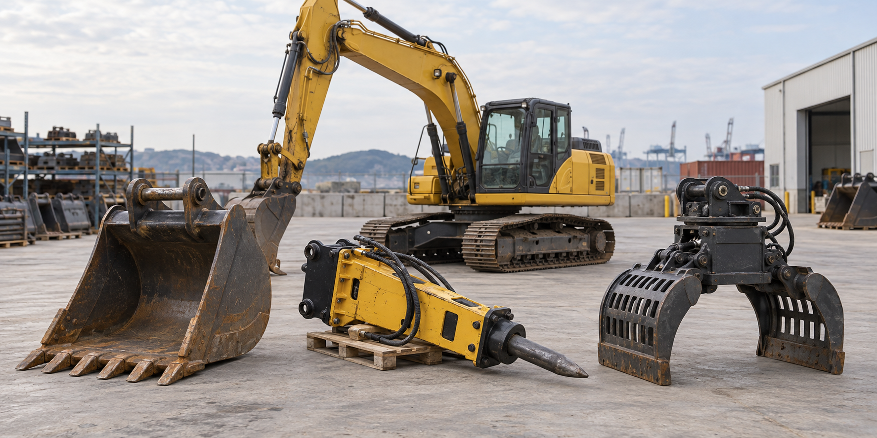 Illustration of excavator bucket, hydraulic breaker, and grapple before export